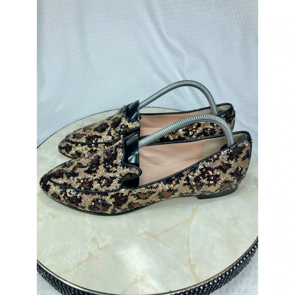 Kate Spade Sequin Leopard Print Loafers Womens 9.5 Gold Black Evening Party Flat
